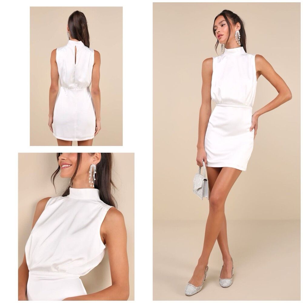 Lulus Classic Elegance Dress Women's S White Satin Mini Mock Neck NWT